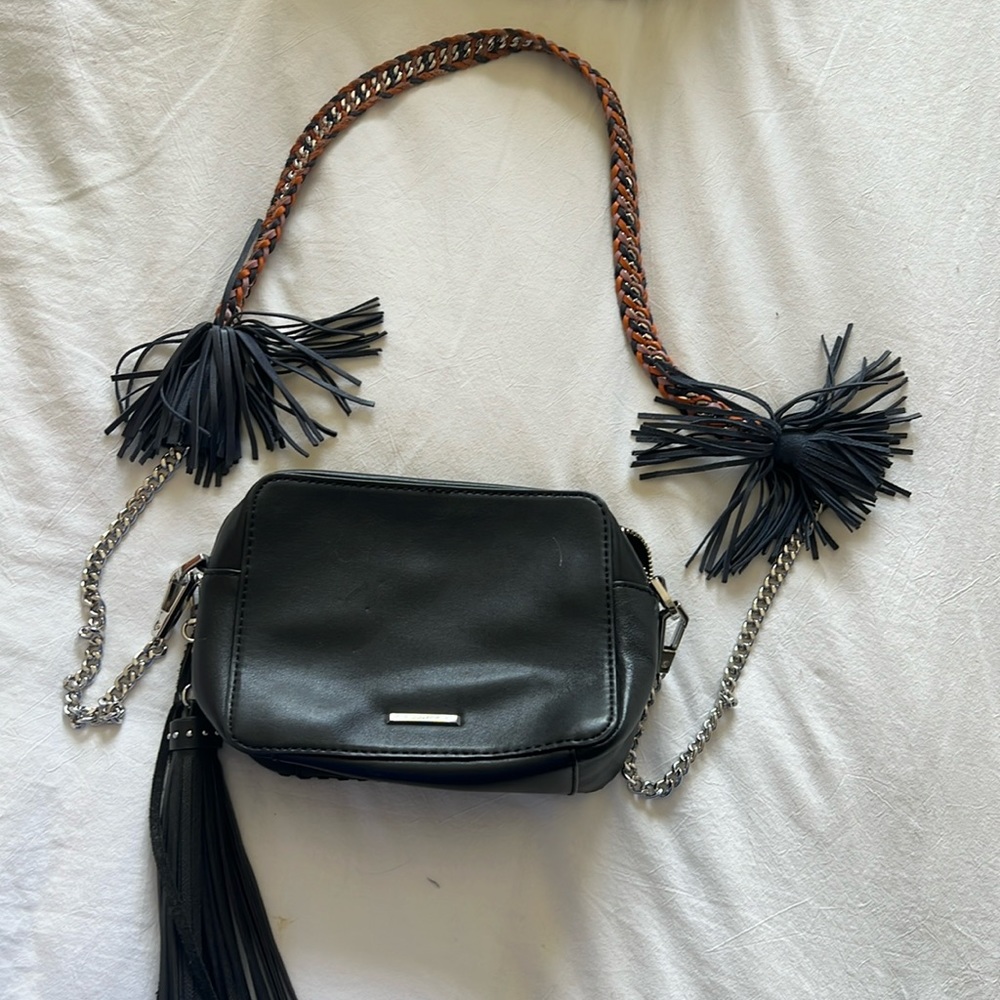 REBECCA MINKOFF LEATHER CHASE CAMERA CROSSBODY SHOULDER BAG navy with silver